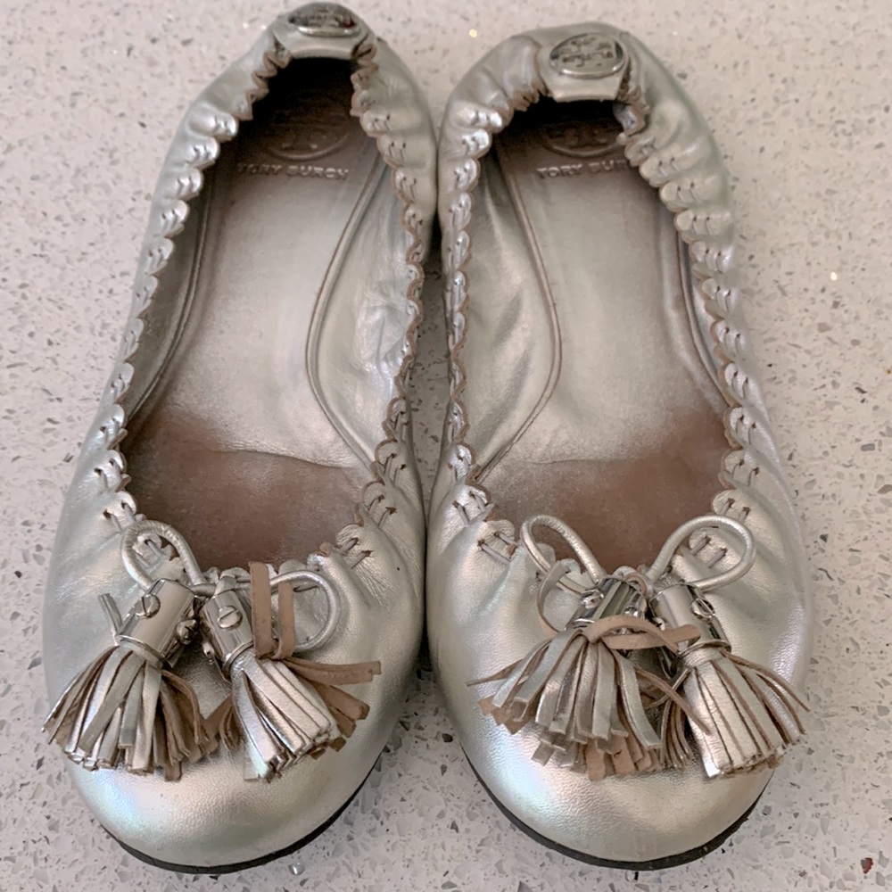 Silver tory ballet shoes